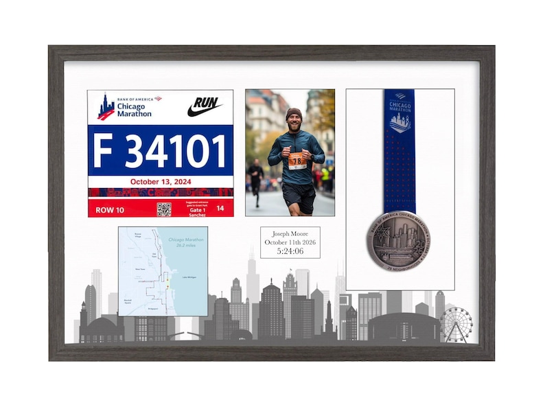 May include: A dark wood-framed display case featuring a Chicago Marathon race bib with the number F 34101, a photograph of a runner, a blue medal with a ribbon, a map of the course, and a plaque reading Joseph Moore October 11th 2026 5:24:06.