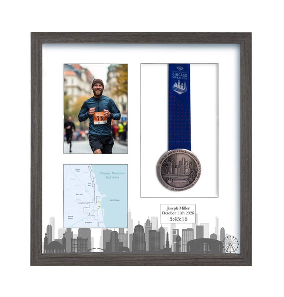 Chicago Marathon 2026 Medal Display Frame: Personalized Solid Wood, Route Map