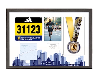 Marco para medallas del Maratón de Boston 2024-2026 - Dorsal y foto personalizados de madera maciza