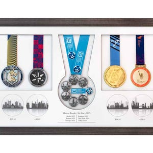 Può includere: Un'esposizione incorniciata di medaglie di maratona con nastri blu, oro e rossi. Le medaglie sono in una cornice grigio scuro con sfondo bianco. Sotto le medaglie sono visualizzate sagome di skyline.