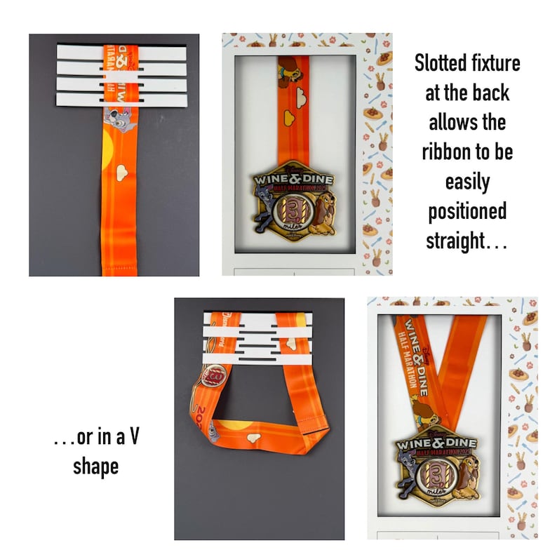 May include: A white medal display with a slotted fixture, showcasing an orange ribbon with a "Wine & Dine Half Marathon" medal. The text "Slotted fixture at the back allows the ribbon to be easily positioned straight... or in a V shape" is also visible.
