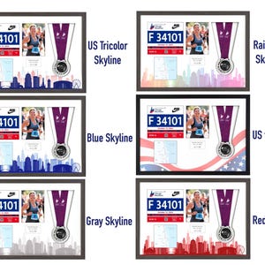 May include: Six framed marathon displays featuring a race bib with number F 34101, a photograph of a runner, a race map, and a silver medal with a purple ribbon. Each frame showcases a different background design including tricolor, rainbow, blue, US flag, gray, and red skyline motifs.