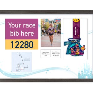 May include: Framed display featuring a race bib, a photo of a runner, and a race medal. The bib has the text "Your race bib here" and the number 12280. The medal is from the Disneyland Half Marathon.