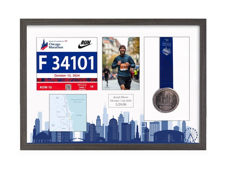 May include: A dark wood-framed display case featuring a Chicago Marathon race bib with the number F 34101, a photograph of a runner, a finisher medal with a blue ribbon, a course map, and a plaque reading Joseph Moore, October 11th 2026, 5:24:06.