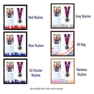 Puede incluir: Seis marcos cuadrados tipo caja con una medalla de marat&oacute;n, una foto de carrera, un mapa y un dorsal. Los marcos presentan varios dise&ntilde;os de fondo, incluyendo horizontes en rojo, azul, gris y arco&iacute;ris, una bandera de EE. UU. y tricolor.