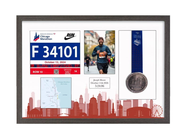 May include: A framed Chicago Marathon display featuring a race bib with the number F 34101, a photograph of a runner, a finisher medal on a blue ribbon, a course map, and a plaque with the text Joseph Moore, October 11th 2026, 5:24:06.