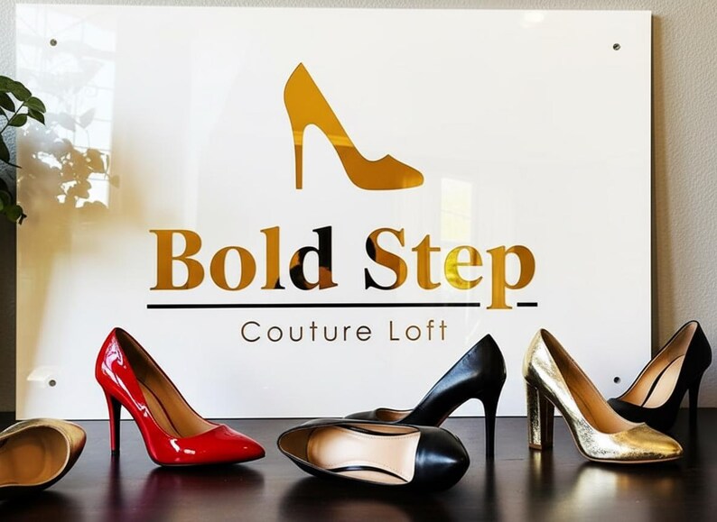 May include: A sign with the words "Bold Step Couture Loft" and a gold high heel silhouette. Several pairs of high-heeled shoes in red, black, and gold are displayed in front of the sign.
