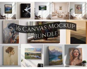 Könnte beinhalten: Eine Sammlung von 16 Leinwand-Mockups, die verschiedene Kunststile und -themen zeigen. Die Leinwände zeigen Landschaften, Porträts und abstrakte Designs. Der Text "16 CANVAS MOCKUP BUNDLE" ist zu sehen.
