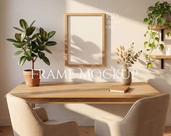 Vertical Frame Mockup | Japandi Minimal Desk Scene | Scandinavian Wooden Poster Mockup | Neutral Wall Art Styled Stock