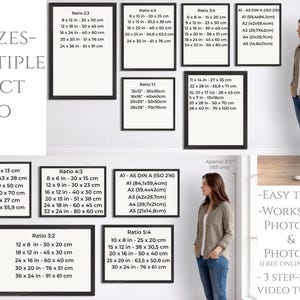 Puede incluir: Imagen que muestra tama&ntilde;os de impresiones art&iacute;sticas enmarcadas, desde 18x13 cm hasta 91x61 cm, con relaciones de aspecto como 2:3, 4:5 y 3:4. El texto indica que hay 58 tama&ntilde;os disponibles. Una mujer est&aacute; de pie junto a los marcos.