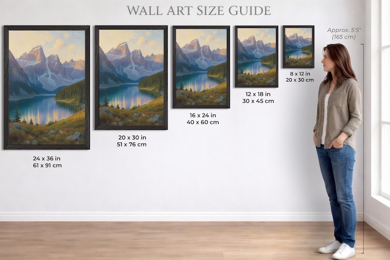 Puede incluir: Impresiones art&iacute;sticas de paisajes enmarcadas en varios tama&ntilde;os: 61 x 91 cm, 51 x 76 cm, 40 x 60 cm, 30 x 45 cm y 20 x 30 cm. Las obras representan una escena de lago de monta&ntilde;a. El texto "WALL ART SIZE GUIDE" es visible.