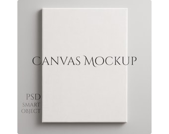 Könnte beinhalten: Ein weißes Leinwand-Mockup mit dem Text "CANVAS MOCKUP" in einer Serifenschrift. Unter der Leinwand wird der Text "PSD SMART OBJECT" angezeigt. Die Leinwand ist auf einem hellgrauen Hintergrund zentriert.