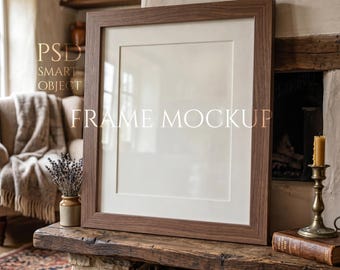 Könnte beinhalten: Ein brauner Holzrahmen-Mockup mit weißem Passepartout, der auf einem rustikalen Kaminsims steht. Der Text "FRAME MOCKUP" ist auf dem Rahmen zu sehen. Eine brennende Kerze und ein Buch befinden sich auf dem Kaminsims.