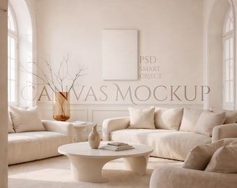 Könnte beinhalten: Ein neutralfarbener Wohnraum-Mockup mit einem großen Sofa, zwei Sesseln und einem Couchtisch. Eine leere Leinwand hängt an der Wand. Der Raum ist mit einer Vase mit Zweigen und einer dekorativen Vase dekoriert. Der Text "CANVAS MOCKUP" wird angezeigt.