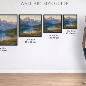 Puede incluir: Gu&iacute;a de tama&ntilde;os de arte mural con cuatro pinturas de paisajes enmarcadas. Las pinturas representan un lago de monta&ntilde;a. Los tama&ntilde;os var&iacute;an de 30 x 30 cm a 70 x 70 cm. El texto "WALL ART SIZE GUIDE" est&aacute; en la parte superior.