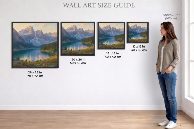 Puede incluir: Gu&iacute;a de tama&ntilde;os de arte mural con cuatro pinturas de paisajes enmarcadas. Las pinturas representan un lago de monta&ntilde;a. Los tama&ntilde;os var&iacute;an de 30 x 30 cm a 70 x 70 cm. El texto "WALL ART SIZE GUIDE" est&aacute; en la parte superior.