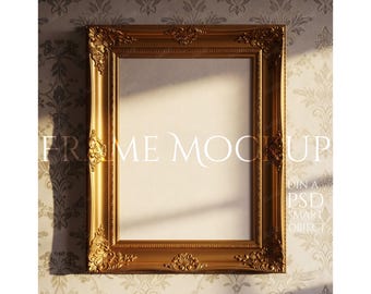 Mockup för vintageram, mockup för guldram, mockup för konst, mockup för konstmuseum för Photoshop och Photopea PSD för utskrifter och konstverk
