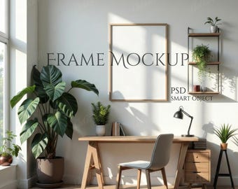Vertical Frame Mockup | Scandinavian Minimalist Home Office | Japandi Wall Art Mockup | Wooden Frame Poster Styled Stock Photo