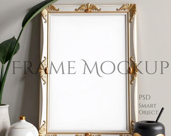 Biała rama z detalami w kolorze złotym do Photoshopa i Photopea – pliki PSD do wydruków i grafik, makiety ścienne, makiety ramek 2x3