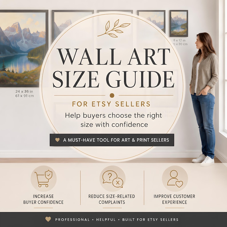 Puede incluir: Una gu&iacute;a de tallas de arte mural para vendedores de Etsy, con el texto "WALL ART SIZE GUIDE" y "FOR ETSY SELLERS". La gu&iacute;a incluye ejemplos de tama&ntilde;os de arte mural, como 61 x 91 cm y 20 x 30 cm. La gu&iacute;a tambi&eacute;n incluye iconos y texto para aumentar la confianza del comprador.