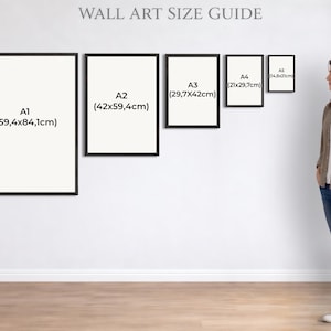 Puede incluir: Gu&iacute;a de tama&ntilde;os de arte mural con ejemplos enmarcados etiquetados A1 (59,4x84,1cm), A2 (42x59,4cm), A3 (29,7x42cm), A4 (21x29,7cm) y A5 (14,8x21cm). Una mujer est&aacute; de pie junto a la pared, aproximadamente 165 cm de altura.