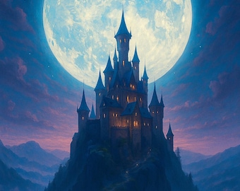 Póster de castillo de fantasía / Póster de luz de luna encantada / Paisaje gótico imprimible / Descarga digital