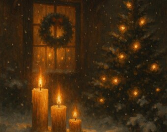 Lámina decorativa de vela navideña, decoración navideña de noche de invierno (descarga digital)