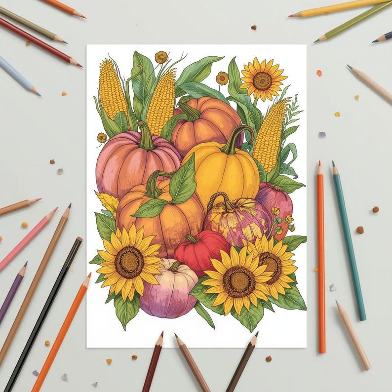 Puede incluir: Una colorida ilustraci&oacute;n de calabazas, girasoles y ma&iacute;z. Las calabazas son de varios tonos de naranja, amarillo y rojo. Se incluyen girasoles con p&eacute;talos amarillos y centros marrones. Se ven dos mazorcas de ma&iacute;z. La obra de arte est&aacute; rodeada de l&aacute;pices de colores.