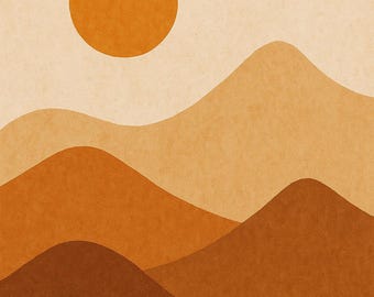 Estampado minimalista de atardecer, paisaje de montaña bohemio (descarga digital)