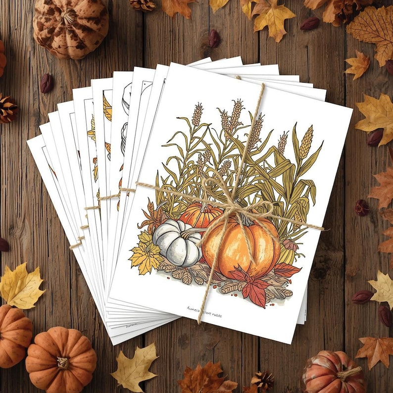 Open autumn coloring pages showing pumpkins and fall leaves, printable harvest activity for kids and adults.