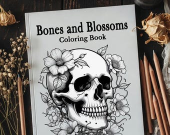 Libro para colorear de calaveras góticas oscuras, arte de rosas (descarga digital)