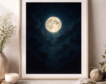 Moody Full Moon Wall Art, Minimalist Night Sky Poster (Digital Download)