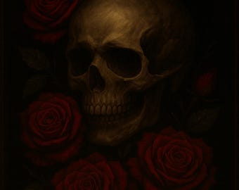 Może przedstawiać: Szczegółowa ilustracja ludzkiej czaszki w złotym odcieniu, otoczonej żywymi czerwonymi różami. Grafika umieszczona jest na ciemnym tle, tworząc dramatyczny kontrast między czaszką a kwiatami.