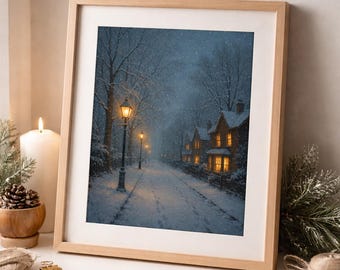 Arte callejero cinematográfico nevado, decoración navideña acogedora en un pueblo (descarga digital)