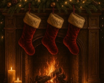 Arte mural navideño con chimenea: decoración navideña acogedora a la luz de las velas, descarga digital