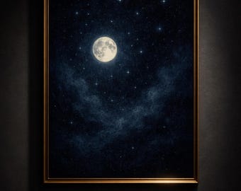 Lámina artística de luna y cielo nocturno, decoración de dormitorio con estrellas celestiales (descarga digital)