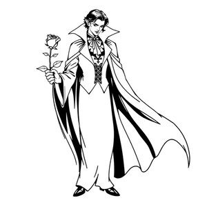 vampire coloring page with cape and roses line art