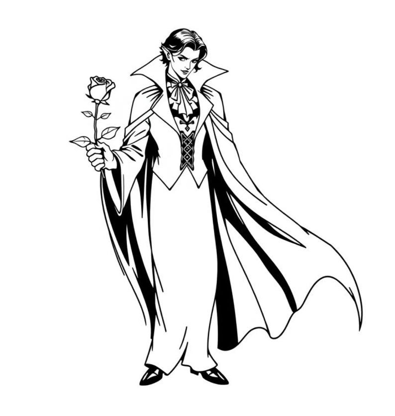 vampire coloring page with cape and roses line art
