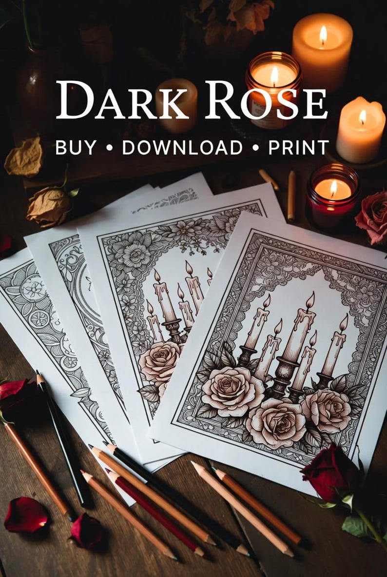Dark art adult coloring pages inspired by gothic and spooky aesthetics