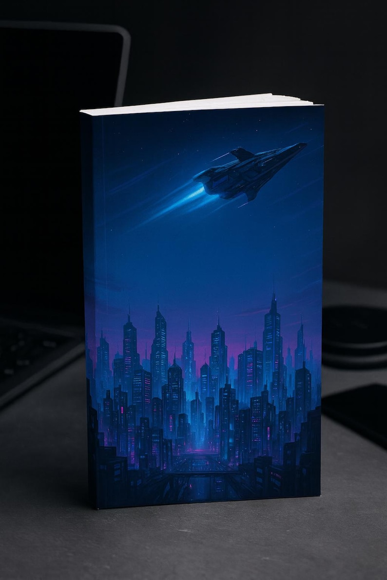 Futuristic Sci-fi Book Cover • Neon City & Spaceship Art • Digital ...