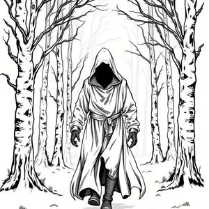 hooded figure walking through forest coloring page eerie illustration