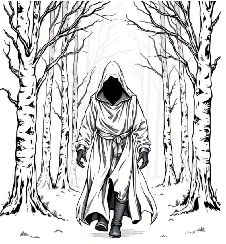 hooded figure walking through forest coloring page eerie illustration