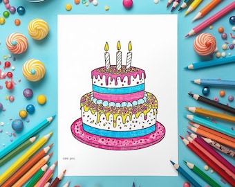 May include: A two-tiered birthday cake illustration with three lit candles, featuring pink, blue, and yellow layers. The cake sits on a pink plate, surrounded by colorful pencils, candies, and sprinkles on a light blue surface.