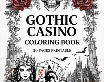 Libro para colorear de casino gótico, calaveras, rosas y póker, páginas de fantasía oscura (descarga instantánea)