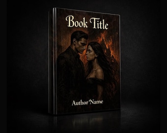 Puede incluir: Una portada de libro con el texto GOTHIC ROMANCE BOOK COVER en la parte superior, Book Title en el centro y Author Name en la parte inferior. La ilustración muestra a un hombre y una mujer frente a un edificio oscuro y en llamas.
