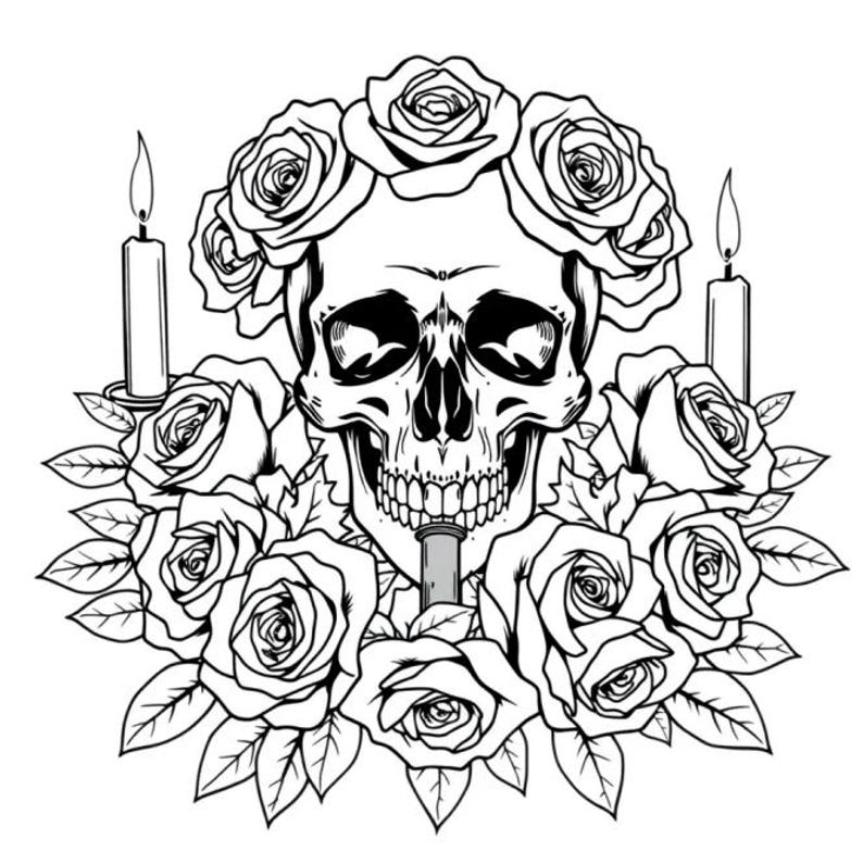 skull and roses coloring page detailed gothic line art