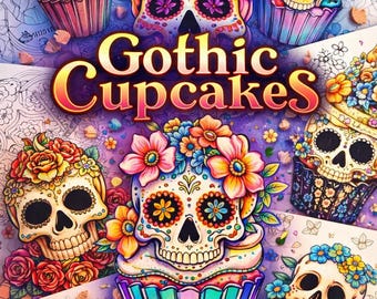 Libro para colorear gótico en PDF para adultos y niños, páginas para colorear de postres espeluznantes y adorables, cupcakes góticos de Halloween, descarga digital.