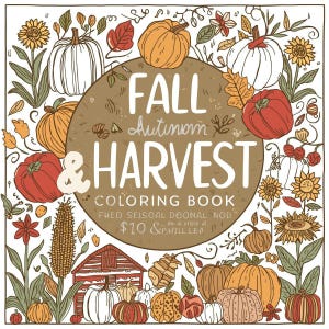 Fall and harvest coloring book cover with pumpkins, leaves and barn, printable autumn art pages for kids and adults.