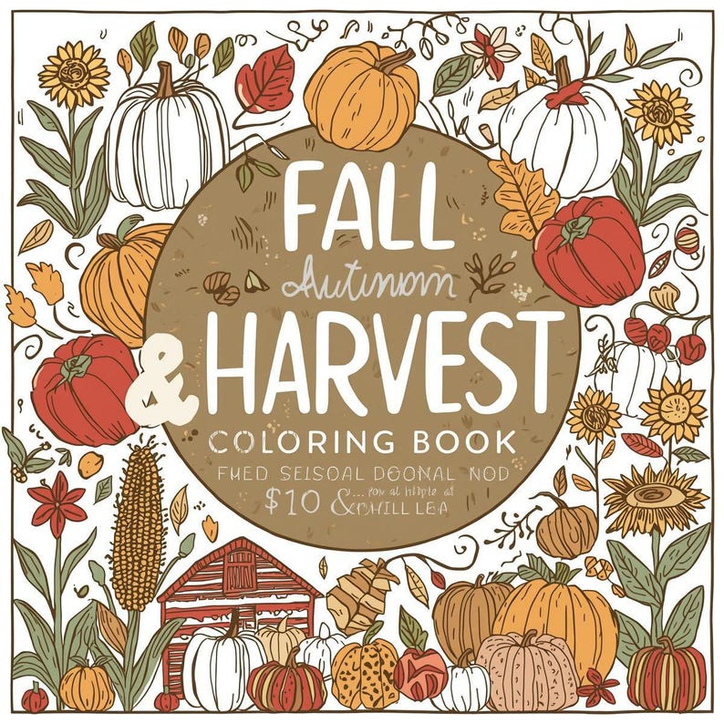 Fall and harvest coloring book cover with pumpkins, leaves and barn, printable autumn art pages for kids and adults.