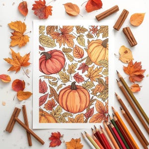 May include: A fall-themed illustration featuring pumpkins and autumn leaves in shades of orange, red, and yellow. The artwork is surrounded by cinnamon sticks, colored pencils, and real fall leaves, creating a seasonal arrangement.